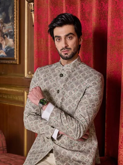 The bandhgala is a timeless classic. Here, I've used a geometric print fabric to create a piece that feels both traditional and sharp, ideal for the 'dulhekabhai' or any distinguished wedding guest.