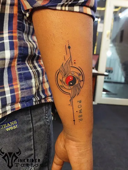 This design combines Koi fish with a yin-yang symbol, representing the harmony and balance of opposing forces. The red accent and the word 'POWER' add a personal touch of intensity.