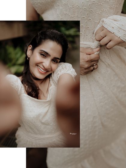 This creative composition combines a joyful, smiling selfie-style shot with a detail of the dress, telling a story in a unique way.