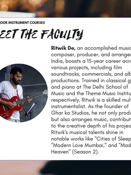 Ritwik De, our faculty for piano and keyboards, is an accomplished music composer, producer, and arranger with a 15-year career across various projects.