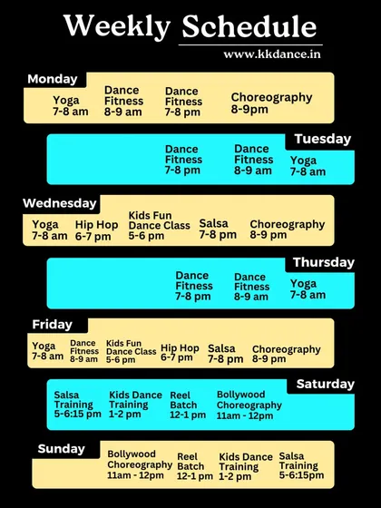 Our complete weekly schedule at a glance. Find the perfect time for you to join us for Yoga, Dance Fitness, Hip Hop, Salsa, or one of our popular Reel Batches.