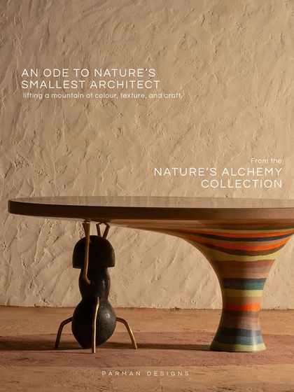 From our Nature's Alchemy Collection, this table is an ode to the ant, lifting a mountain of color, texture, and craft. It’s a piece that combines whimsical inspiration with serious craftsmanship, resulting in functional art.