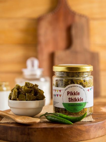 My Green Chilli Pickle, for those who like simple, direct heat. I use fresh green chillies and a blend of spices to create this fiery and flavourful pickle.