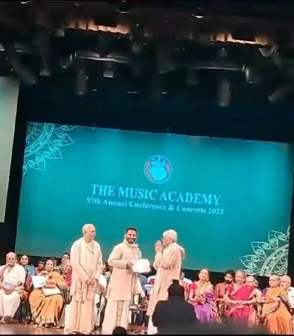 A wider view of the stage during the award ceremony at The Music Academy. It's a historic institution and receiving this honor here is very special.