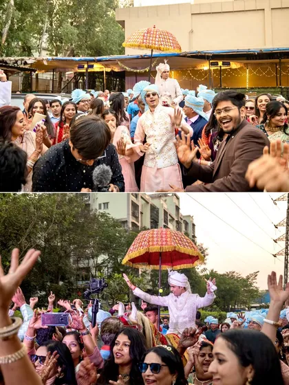 A collage of baarat moments, from the groom on his horse to the guests dancing with joy. It's a celebration of family, friendship, and the start of a new journey.