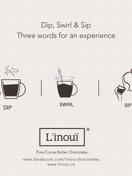 Dip, Swirl & Sip. Three words for an unforgettable experience. This graphic illustrates the simple process of using our hot chocolate dips to create a moment of pure comfort.