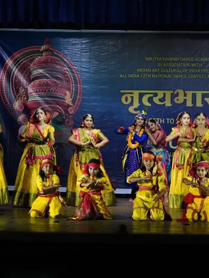 The entire cast of "Prema Vinod" on stage. Our productions involve students of all ages, giving everyone a chance to be part of a grand, collaborative performance.