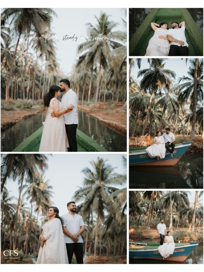 This collage captures the serene beauty of a backwater boat shoot, with the lush greenery and calm water creating a perfect romantic escape.
