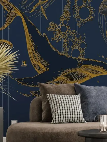 A luxurious take on the whale mural, with golden line art on a deep navy blue background. This combination exudes elegance and is perfect for a high-end interior.