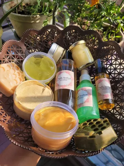 Just a glimpse of the love and care I put into my products. This basket has a bit of everything, from my handmade soaps and gels to facial oils and, of course, my gentle hair shampoos.