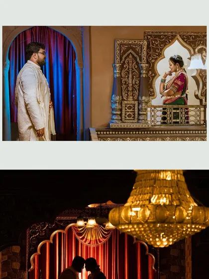 A collage showcasing the opulent decor and the couple's romantic moments during their engagement.