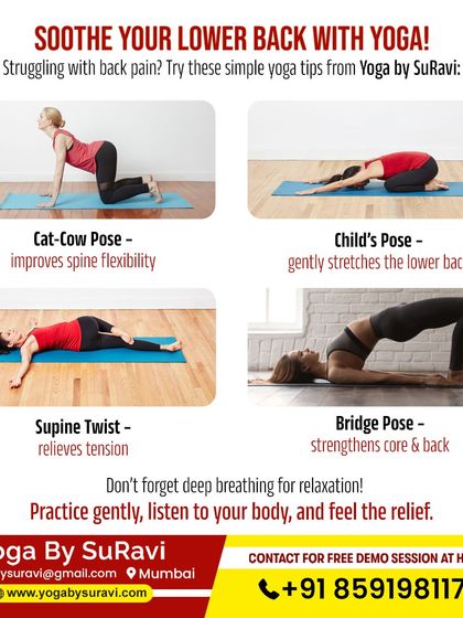 Soothe your lower back with this sequence of four simple poses: Cat-Cow, Child's Pose, Supine Twist, and Bridge Pose.