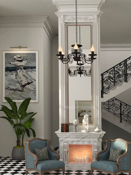 A cozy yet formal seating area by the fireplace, framed by a grand staircase. This composition shows how I create intimate moments within larger, open spaces, using classic furniture and a striking checkerboard floor to define the area.