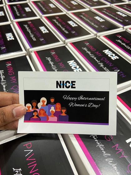 A close-up of the custom cards we created for a large Women's Day order, celebrating the theme "Paving My Own Path."