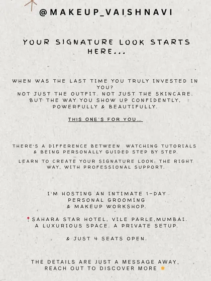 This is your invitation to invest in yourself. Learn how to create your signature look with professional, step-by-step guidance in one of my intimate personal grooming and makeup workshops.