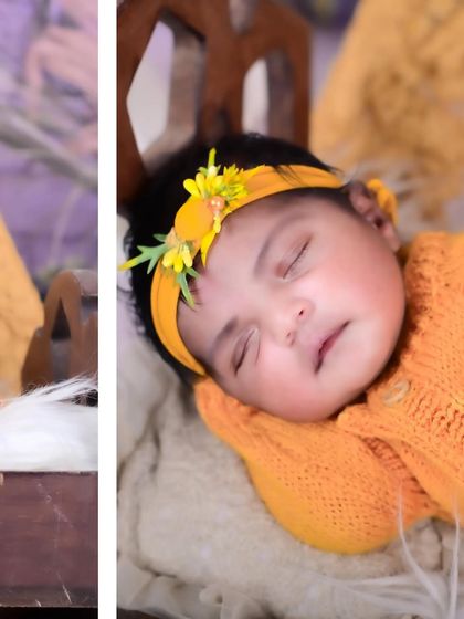 A sleeping newborn in a cozy orange outfit. The simple setup with a teepee in the background adds a touch of bohemian charm.
