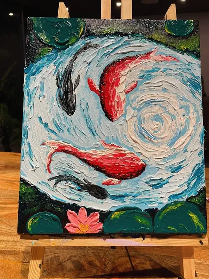 A close-up look at the rich textures and swirling colors of this koi fish masterpiece, made using palette knives. This technique is so satisfying and the results are always impressive.