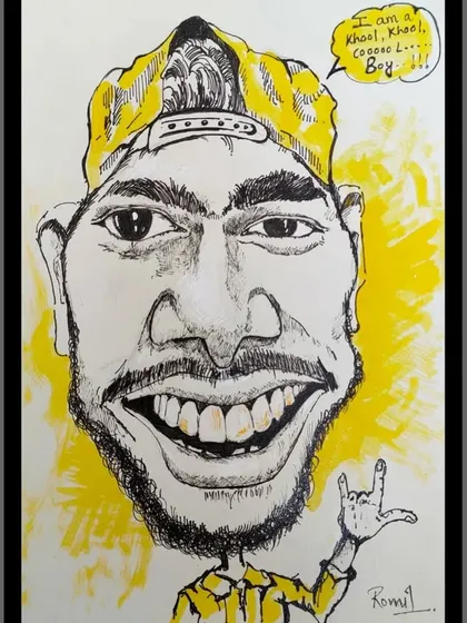 A caricature for a cool dude! With his backward cap and rock-on gesture, this portrait captures a youthful and energetic vibe, highlighted with a splash of bright yellow.