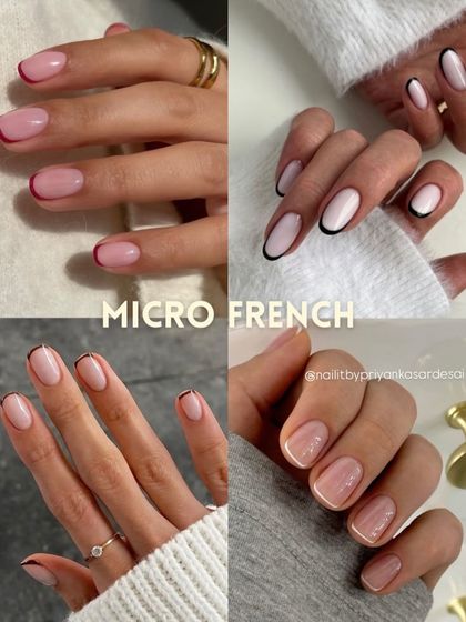 A collage showcasing the "Micro French" trend, featuring super-thin lines at the tip in various colors like red, black, and white for a subtle and modern look.