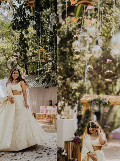 A collage from a fun and intimate Mehendi function, with beautiful decor and a happy bride.