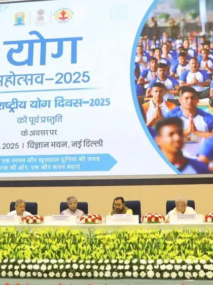 On stage with other dignitaries at the Yoga Mahotsav 2025 preview event. It is an honor to be part of the national movement to promote yoga.