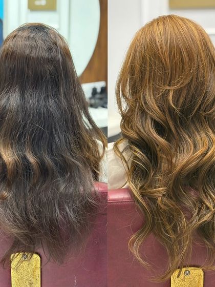 A look at the back of this beach blonde hair, showing the detailed highlight work.