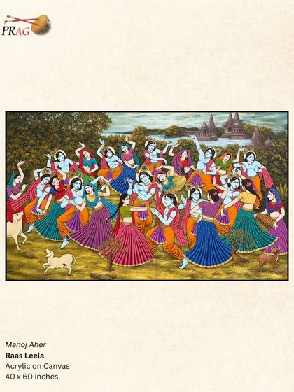 Manoj Aher's 'Raas Leela', a vibrant canvas filled with the circular, cosmic dance of Krishna and the Gopis, celebrating devotion and spiritual ecstasy.