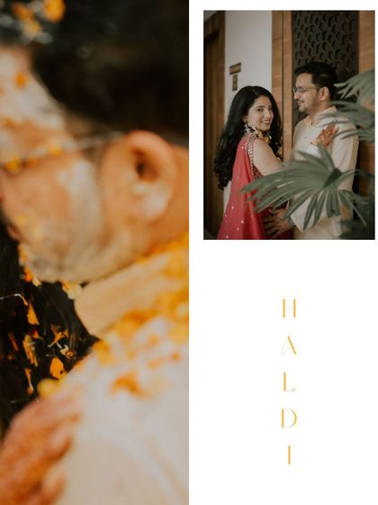 A creative collage from a haldi ceremony, showing a close-up of the ritual and a sweet couple portrait.