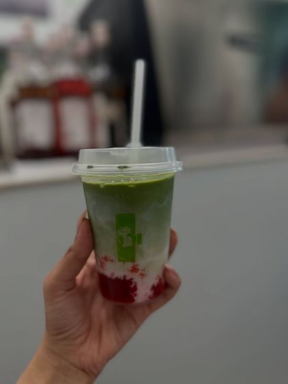 A close-up of my strawberry matcha latte.