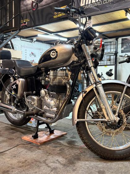 A 2001 Royal Enfield Lightning 535, a rare classic, standing proud in our workshop after some careful restoration work.