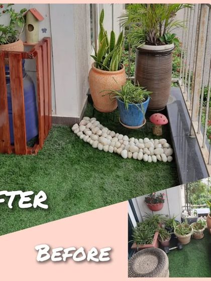 A before-and-after look at a small balcony transformation. By rearranging the planters, adding a decorative wooden cover for the water can, and defining the space with pebbles, the corner now looks much more organized and aesthetically pleasing.