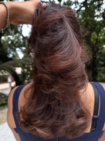 Holiday ready in 'Chocolate Truffle'. This set shows the transformation from grown-out color to a rich, dark chocolate brown. I also included a shot showing how the color settles beautifully after 10 days.