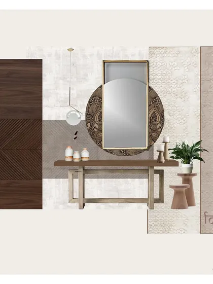 Our process begins with collaboration. This mood board for a commercial foyer shows how we align with clients on the core aesthetic, blending materials, furniture, and lighting to define the space's atmosphere before the first line is drawn.