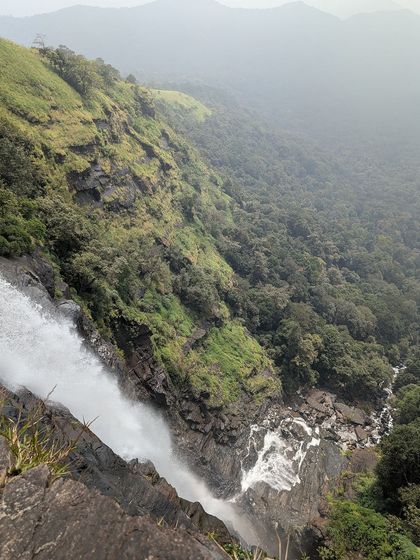 The breathtaking view from the top of Bandaje falls, looking down as the water plunges into the valley below.