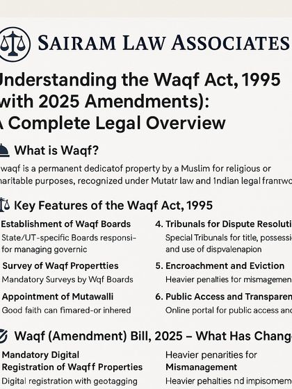 This infographic provides a legal overview of the Waqf Act, which governs properties dedicated for religious or charitable purposes. I offer specialized legal services for the administration, dispute resolution, and protection of Waqf properties.