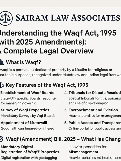 This graphic provides a legal overview of the Waqf Act, which governs properties dedicated for religious or charitable purposes by Muslims. I assist with matters related to the administration, dispute resolution, and protection of Waqf properties.