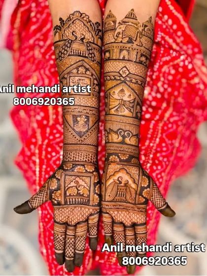 A beautiful example of story-telling through mehendi. This design includes scenes from a wedding, with figures, shields, and auspicious symbols like the swastika, all framed by palace art.