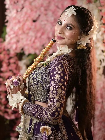 Radha with a flute, a classic pose that captures the divine essence of the theme.