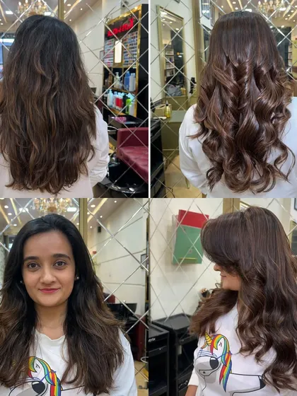 This before and after collage shows the journey to a beautiful hazelnut mocha color. We gave her a fresh cut and a rich new shade that completely revitalized her look.