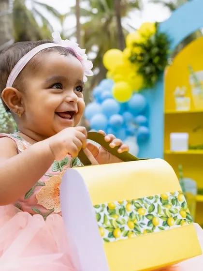 The birthday girl, Shaaru, looking absolutely joyful and radiant at her lemonade party.