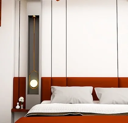A 3D render of a master bedroom with a bold orange headboard and hanging pendant lights. This design is for clients who love a pop of color and modern, clean lines.