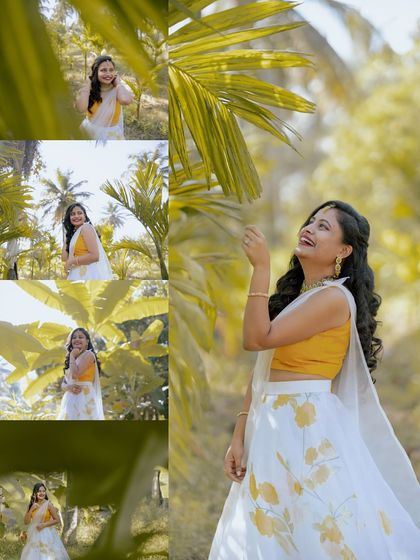 A collage of a bride's portraits from her Haldi ceremony, capturing her joyful twirls in a beautiful outdoor setting.