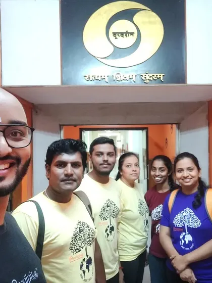 Our team at the Doordarshan (DD Chandana) television studio. We were given the wonderful opportunity to record a yoga segment for the iconic national broadcaster, allowing us to share the benefits of authentic yoga with a wider audience.