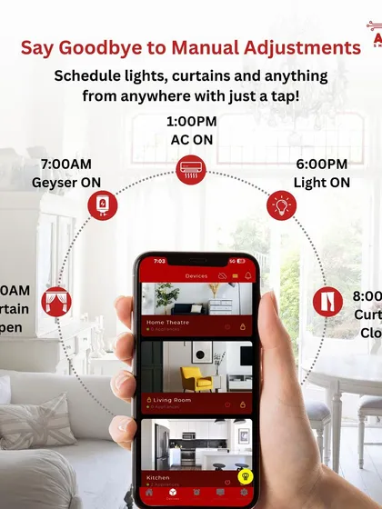 Imagine your home running on your schedule. Our system allows you to automate daily routines, like opening the curtains at 6:30 AM or turning on the geyser at 7:00 AM, making your life simpler and more energy-efficient.
