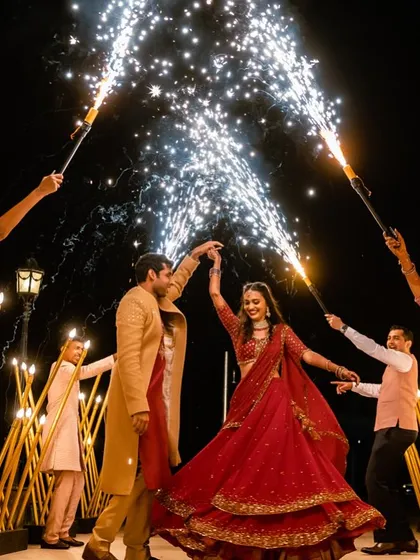 A fairytale exit for a wonderful couple. We love creating these magical moments, lining the aisle with friends and family holding sparklers to celebrate the newlyweds. This Sangeet night in Goa was filled with so much love, laughter, and dancing.