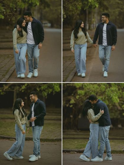 A collage showing the casual and sweet moments from a couple's park stroll. This demonstrates how a simple, everyday setting can be transformed into a romantic story.