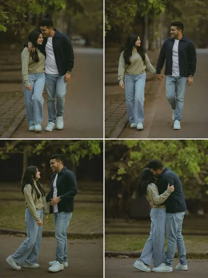 A collage of moments from a casual, urban pre-wedding shoot, showcasing their relaxed and loving interactions.