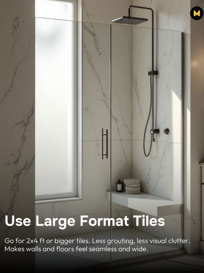 Using large format tiles, like 2x4 ft or bigger, is a great trick for small bathrooms. With less grouting, there is less visual clutter, making walls and floors feel seamless and wide.