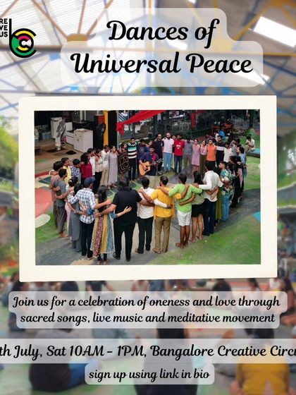 A vibrant photo of our community gathered for the Dances of Universal Peace. Participants hold each other in a circle, embodying the spirit of connection and shared celebration.