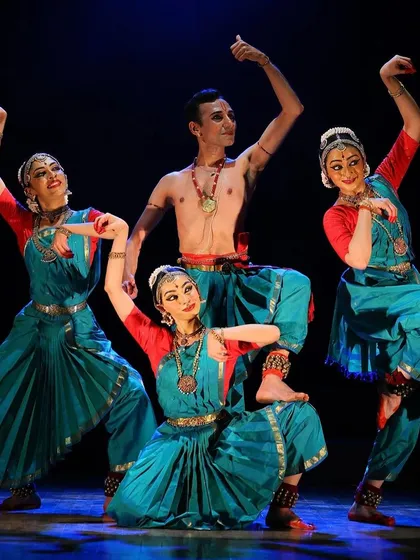 A powerful formation from "Tyāgarāja Hṛt Sādana." The synchronicity and shared energy of my Chithkala Ensemble dancers are central to bringing these large scale productions to life.
